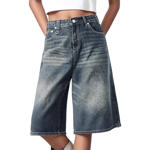 Generisch Caprihose Damen 3/4 Jeanshose Baggy Jeans Shorts Retro Herren Sommer Denim Hose High Waist Jeanshorts Freizeithose Streetwear von Generisch
