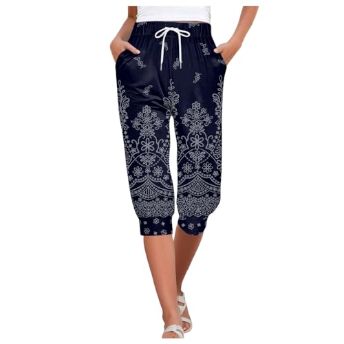 Generisch Caprihose Damen Sommer Dreiviertel Haremshose 3/4 Sporthose Pumphose mit Aufdrucken Sommer Stretch Leicht Und Luftig Yogahose Kurze Jogginghos Freizeithose Damen Sommerhose 3/4 Marine,L von Generisch