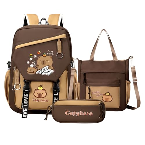 Generisch Capybara Backpack Set, Large Capacity Capybara School Bag with Shoulder Bag and Pencil Pouch, Cartoon School Backpack for Boys Girls, 3 Pack von Generisch