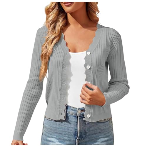Generisch Trachtenjacke Damen Strickjacke Kurz Mit Knöpfen V Ausschnitt Leichte Cardigan Sommer Dünne Übergangsjacke Grau XL von Generisch