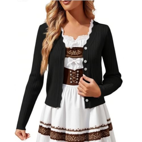 Generisch Trachtenjacke Damen Strickjacke Kurz Mit Knöpfen V Ausschnitt Leichte Cardigan Sommer Dünne Übergangsjacke Schwarz M von Generisch