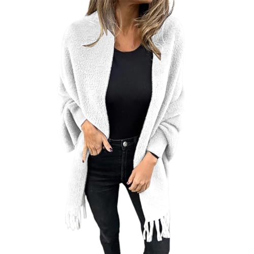 Generisch Cardigan Damen Lang Vorne Offen Coatigan mit Fransen Einfarbig Pullover Strickjacke Drapiert Strickpullover Casual Elegant Strickmantel mit Taschen Lässige übergangsjacke Jacke von Generisch
