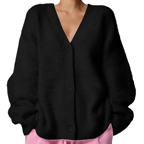 Generisch Cardigan Damen Sommer, Elegante Langarm Leicht Plüsch Cardigan Cropped Strick Fleece Jacke Winter Flauschiger V-Ausschnitt Strickpullover Sweater Winterjacke, Damen Strickjacke von Generisch