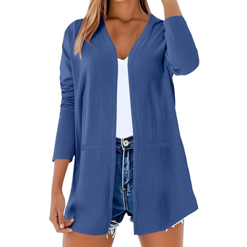 Generisch Cardigan Damen Sommer - Baumwolle Leinen Bluse Elegant Dünne Jacket - Lange Ärmel Open Front Cardigan Leicht Casual Blusenjacke Einfarbige Atmungsaktives Sommerjacke mit Taschen von Generisch
