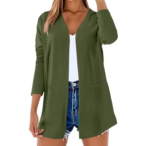 Generisch Cardigan Damen Sommer - Baumwolle Leinen Bluse Elegant Dünne Jacket - Lange Ärmel Open Front Cardigan Leicht Casual Blusenjacke Einfarbige Atmungsaktives Sommerjacke mit Taschen von Generisch