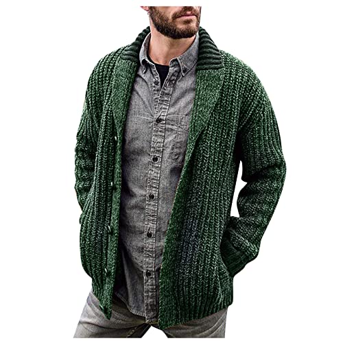 Generisch Cardigan Herren, Strickjacke Mit Schalkragen Männer Button Down Zopfmuster Sweatjacke Winter Warmer Strickpullover Langarm Cardigan Sweater Gehrock Herren Alpaka Pullover (3XL, Green) von Generisch