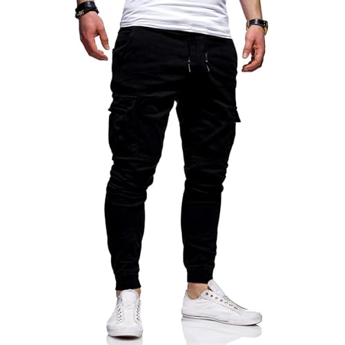 Generisch Cargo Hosen Herren Freizeithose Jogginghose Elastiche mit Taschen Cargohose Herren Schwarz L von Generisch