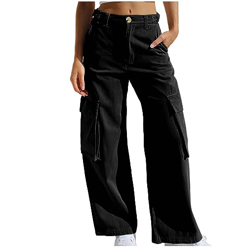 Generisch Cargo Jeans Damen Baggy Cargohose Sommer Freizeithose Straight Leg Hose Outdoor Wanderhose Trekkinghose Leichte Arbeitshose Mädchen Freizeit Jeanshosen Denim Stoffhose Schwarz S von Generisch