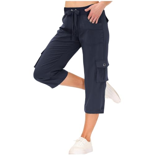Generisch Cargohose Damen 3/4 Baumwolle Wanderhose Sommer Jogginghose Dreiviertel Trekkinghose Bequeme Outdoorhose Outdoor Trainingshose Sommerhose Leichte Freizeithose Marineblau XL von Generisch