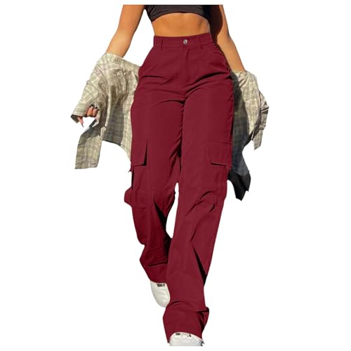Generisch Cargohose Damen Baggy Weite Hosen Y2K Teenager Mädchen Multi Taschen High Waist Stretch Wanderhose Sport Jogginghose Wanderhose Outdoorhose Trekkinghose Cargo Parachute Pants Streetwear von Generisch