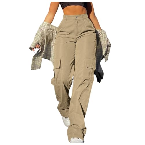 Generisch Cargohose Damen Baggy Weite Hosen Y2K Teenager Mädchen Multi Taschen High Waist Stretch Wanderhose Sport Jogginghose Wanderhose Outdoorhose Trekkinghose Cargo Parachute Pants Streetwear von Generisch