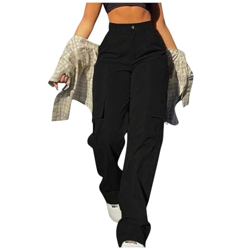 Generisch Cargohose Damen Baggy Weite Hosen Y2K Teenager Mädchen Multi Taschen High Waist Stretch Wanderhose Sport Jogginghose Wanderhose Outdoorhose Trekkinghose Cargo Parachute Pants Streetwear von Generisch
