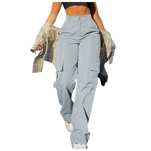Generisch Cargohose Damen Baggy Weite Hosen Y2K Teenager Mädchen Multi Taschen High Waist Stretch Wanderhose Sport Jogginghose Wanderhose Outdoorhose Trekkinghose Cargo Parachute Pants Streetwear von Generisch