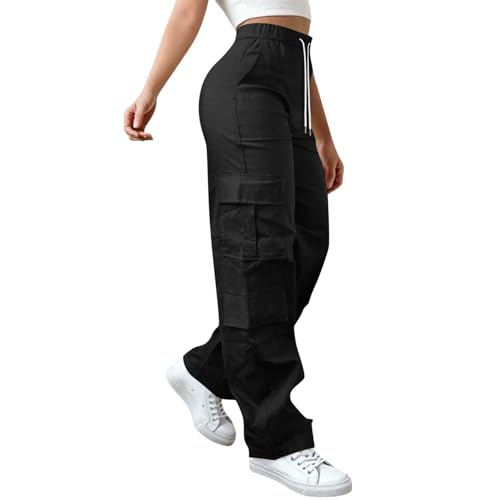 Generisch Cargohose Damen Jogginghose Cargo Hose Sporthose Lang Cargohosen Bequeme Stretch Hose Weites Bein Outdoorhose High Waist Damenhose mit Gummizug Freizeithose Taschen Black 3 XL von Generisch