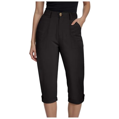 Generisch Cargohose Damen Knielang Cargo Shorts 3/4 Anzughose Damen Regular Fit Sommerhose Einfarbig Caprihose Baumwolle Hose mit Taschen Hohe Taille Freizeithose Business Casual Stoffhose (Black, M) von Generisch