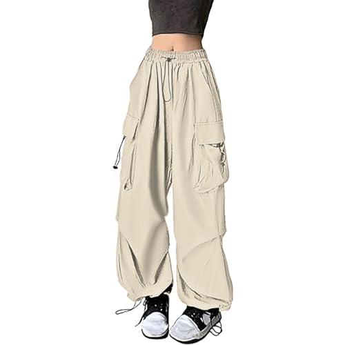 Generisch Cargohose Damen Y2k High Waist Baggy Parachute Pants mit Taschen Teenager Mädchen Wide Leg Hose Streetwear Freizeithose von Generisch