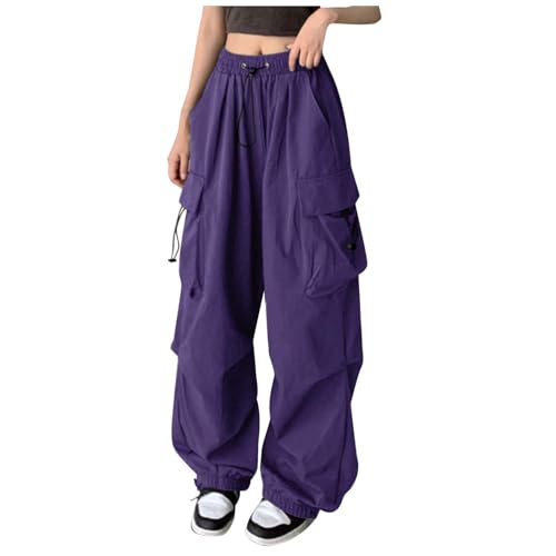 Generisch Cargohose Damen Y2k High Waist Baggy Parachute Pants mit Taschen Teenager Mädchen Wide Leg Hose Streetwear Freizeithose von Generisch