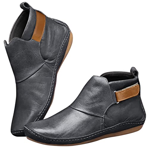 Generisch Casual Color Loop Damen Hook Leather Pure Fashion Stiefeletten Bequeme flache Damenstiefel Wathose Mit Herren (Grey, 37) von Generisch