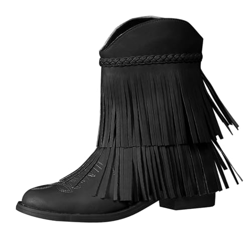 Generisch Chelsea Boots Damen Flache Stiefeletten Westernstiefel Niedrige Absätze Fransenstiefel Plateau Ankle Boots Knöchelstiefel Winter Schlupfstiefel Elegant Schuhe mit ransen von Generisch