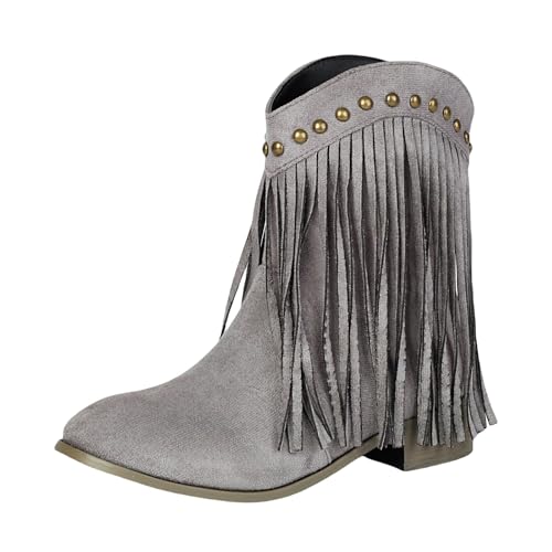 Generisch Chelsea Boots Damen Stiefeletten mit Fransen Solid Color Chunky Absatz Runde Zehe Frauen Casual Knöchelstiefel Flat Bottom Mode Kurz Absatz Reißverschluss Stiefel von Generisch