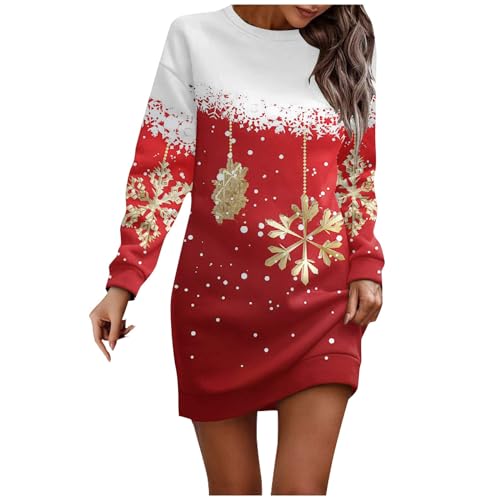 Generisch Christmas Dresses for Women, Weihnachten Kleid Für Damen Casual Gedruckt Langarm Pullover Hip Pack Pullover Weihnachtskleid Lustig Kleider Jugendliche Mädchen Eng Ugly (XXL, Rot) von Generisch