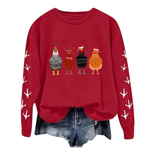 Generisch Chritsmas Clothing Weihnachtspullover Rot Unisex Damen Herren Rundhals - lustiger ausgefallener hochwertiger Weihnachtspulli Pullover Weihnachten Sweatshirt mit Hühner-Aufdruck von Generisch