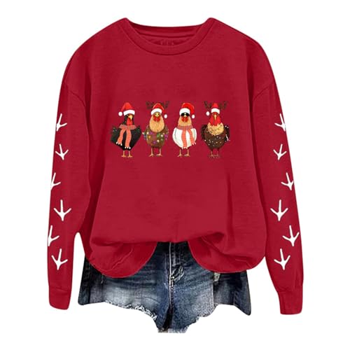 Generisch Chritsmas Clothing Weihnachtspullover Rot Unisex Damen Herren Rundhals - lustiger ausgefallener hochwertiger Weihnachtspulli Pullover Weihnachten Sweatshirt mit Hühner-Aufdruck von Generisch
