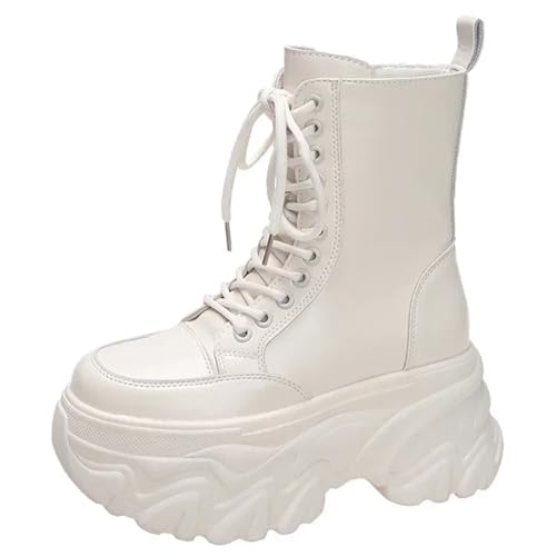 Generisch Chunky Plateau-Stiefeletten Für Damen Lässige Mid-Calf-Stiefel Mit Seitlichem Reißverschluss Modische Motorradstiefel Kurze Stiefel(Beige,34) von Generisch