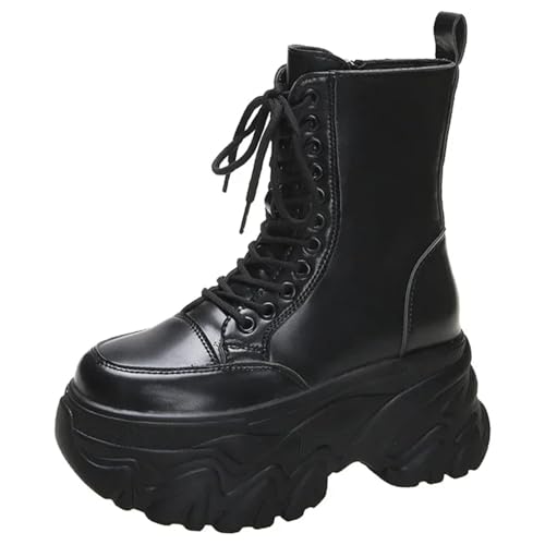 Generisch Chunky Plateau-Stiefeletten Für Damen Lässige Mid-Calf-Stiefel Mit Seitlichem Reißverschluss Modische Motorradstiefel Kurze Stiefel(Black,37) von Generisch