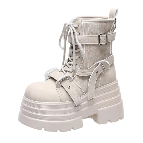 Generisch Chunky Plateau-Stiefeletten Für Damen Runde Zehen, Rutschfeste Rückseite, Kurze Stiefel Mit Reißverschluss Modische Motorradstiefel(Beige,34) von Generisch