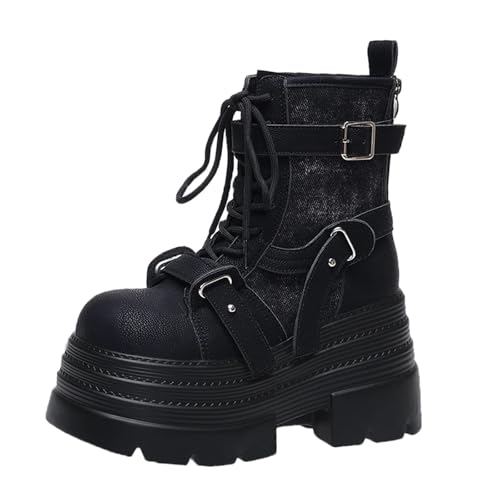 Generisch Chunky Plateau-Stiefeletten Für Damen Runde Zehen, Rutschfeste Rückseite, Kurze Stiefel Mit Reißverschluss Modische Motorradstiefel(Black,39) von Generisch