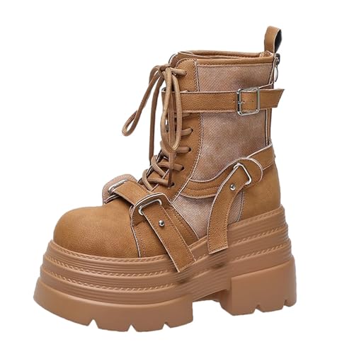 Generisch Chunky Plateau-Stiefeletten Für Damen Runde Zehen, Rutschfeste Rückseite, Kurze Stiefel Mit Reißverschluss Modische Motorradstiefel(Brown,38) von Generisch
