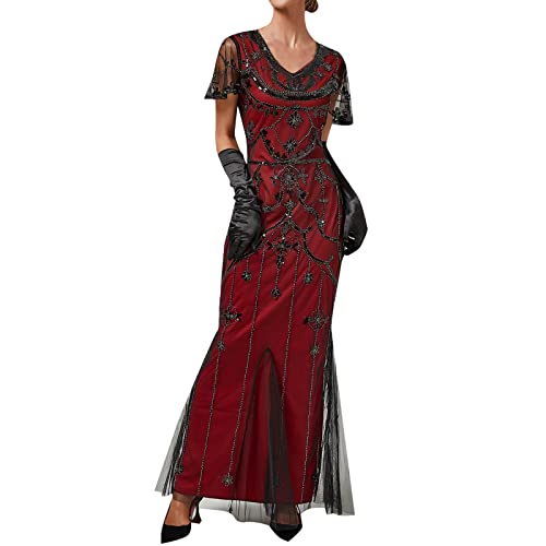 Generisch Cocktailkleid Abendkleid Damen 1920er Jahr Kleid V-Ausschnitt Pailletten Kleid Party Ballkleid Vintage Retro Festlich Abendkleider Brautjungfer Kleid (Red, XXL) von Generisch