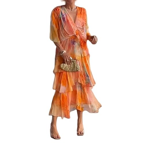 Generisch Commencu Dresses Elegant Chiffon Dress Effortless Grace for Every Occasion V Neck Ruffle Layered Elegant Dress for Women (Orange, XL) von Generisch
