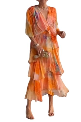 Generisch Commencu-Kleider, Elegantes Chiffonkleid, Sommer-Midikleider für Damen, V-Ausschnitt-Rüschen-Lagenkleid für Damen (Orange,L) von Generisch