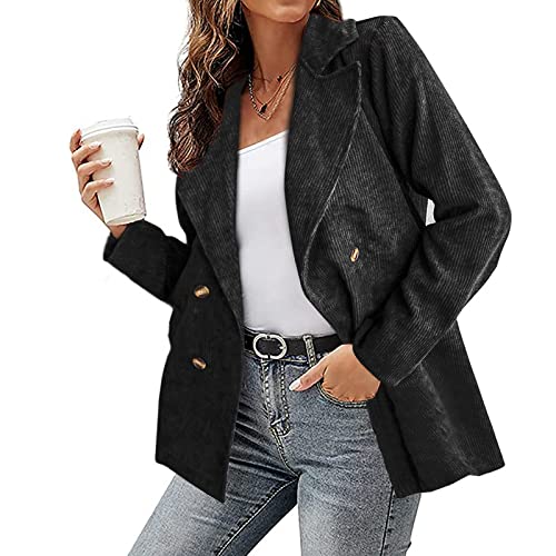 Generisch Cord Blazer Damen Cordjacke Langarm Lässige Blazerjacke Revers Einfarbige Strickjacke Damen Elegant Übergangsjacke Herbst Winterjacken Blazer-Jacke Wintermantel mit Knopf Black XXL von Generisch