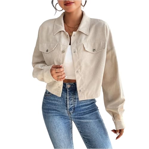 Generisch Cordjacke Damen Hemdjacke Langarm Blouson Jacke Kurze Cord Jacke Revers Manteljacke Button Down Herbst Winter Retro Tops Übergangsjacke Cordhemd Freizeitjacke mit Taschen Beige M von Generisch