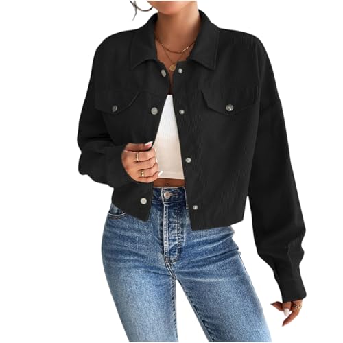 Generisch Cordjacke Damen Hemdjacke Langarm Blouson Jacke Kurze Cord Jacke Revers Manteljacke Button Down Herbst Winter Retro Tops Übergangsjacke Cordhemd Freizeitjacke mit Taschen Black M von Generisch