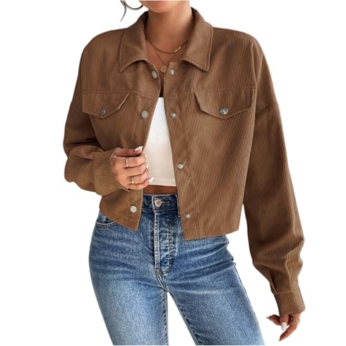 Generisch Cordjacke Damen Hemdjacke Langarm Blouson Jacke Kurze Cord Jacke Revers Manteljacke Button Down Herbst Winter Retro Tops Übergangsjacke Cordhemd Freizeitjacke mit Taschen Coffee S von Generisch