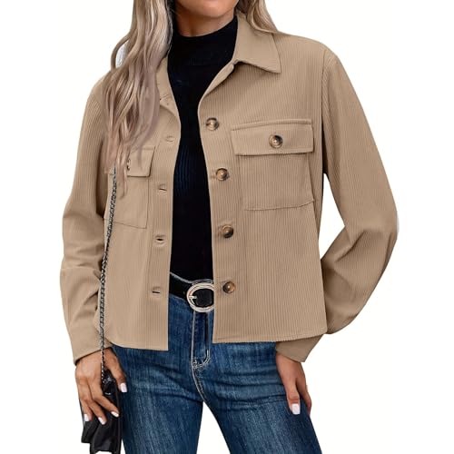 Generisch Cordjacke Damen Kurz Hemdjacke Langarm Revers Shirtjacke Blouson Jacke mit Taschen Herbst Winterjacke Casaul Button Down Cordhemd Übergangsjacke 1#Beige M von Generisch