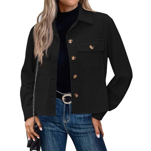 Generisch Cordjacke Damen Kurz Hemdjacke Langarm Revers Shirtjacke Blouson Jacke mit Taschen Herbst Winterjacke Casaul Button Down Cordhemd Übergangsjacke 1#Black L von Generisch