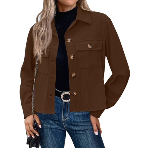 Generisch Cordjacke Damen Kurz Hemdjacke Langarm Revers Shirtjacke Blouson Jacke mit Taschen Herbst Winterjacke Casaul Button Down Cordhemd Übergangsjacke 1#Brown M von Generisch