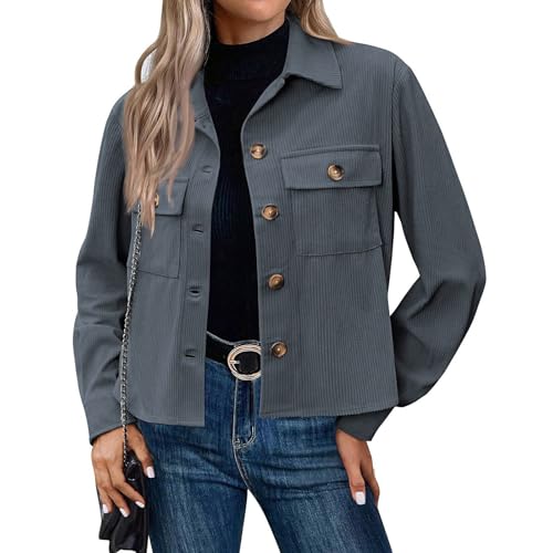 Generisch Cordjacke Damen Kurz Hemdjacke Langarm Revers Shirtjacke Blouson Jacke mit Taschen Herbst Winterjacke Casaul Button Down Cordhemd Übergangsjacke 1#Dark Blue S von Generisch