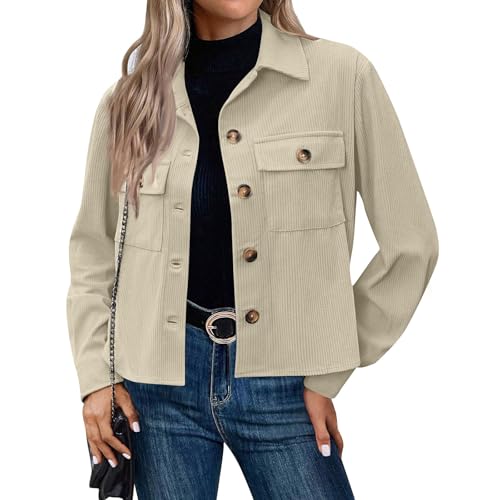 Generisch Cordjacke Damen Kurz Hemdjacke Langarm Revers Shirtjacke Blouson Jacke mit Taschen Herbst Winterjacke Casaul Button Down Cordhemd Übergangsjacke 2#Complexion S von Generisch