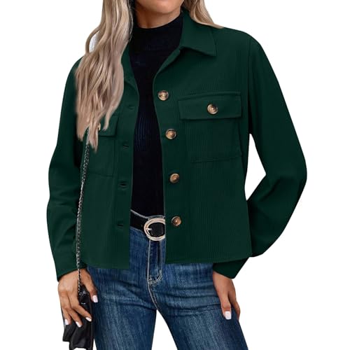 Generisch Cordjacke Damen Kurz Hemdjacke Langarm Revers Shirtjacke Blouson Jacke mit Taschen Herbst Winterjacke Casaul Button Down Cordhemd Übergangsjacke 2#Dark Gray S von Generisch