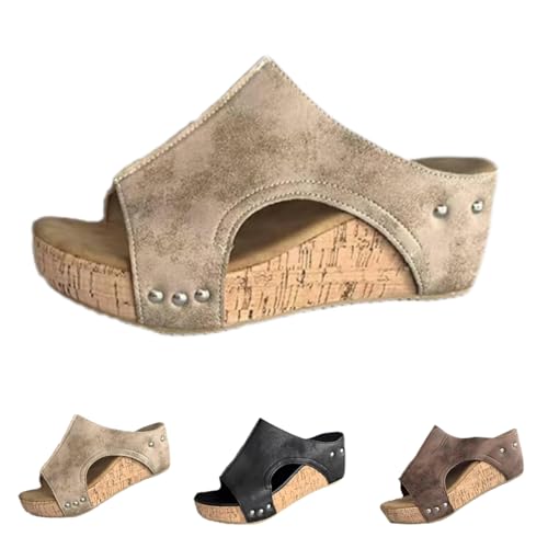 Generisch Cork Wedges Platform Slides, Women's Thick Sole Comfy Leather Wedge Non-slip Sandals, Summer Platform Cork Wedge (Khaki,41) von Generisch