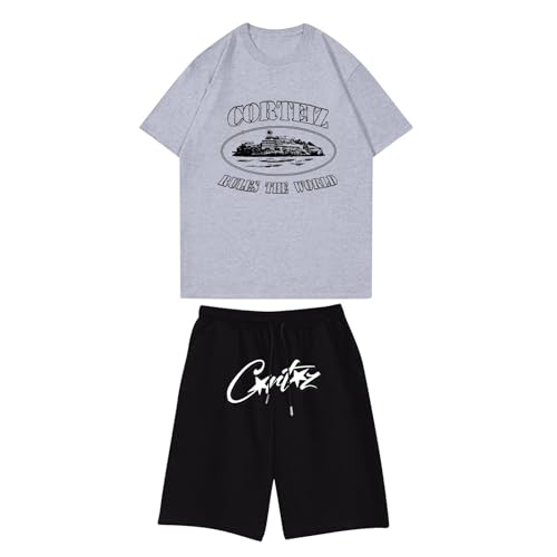 Generisch Corteiz Kurze Hose Set 2 Teiliges Bequeme Sommer Outfit Oversized Sport Kleidung Zweiteiler Trainingsanzug Jogginganzug Kurzarm Y2K Hip Hop Unisex Männer Loungewear von Generisch