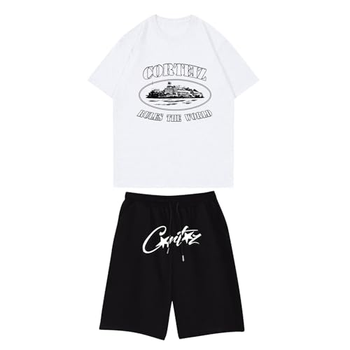Generisch Corteiz Kurze Hose Set 2 Teiliges Bequeme Sommer Outfit Oversized Sport Kleidung Zweiteiler Trainingsanzug Jogginganzug Kurzarm Y2K Hip Hop Unisex Männer Loungewear von Generisch