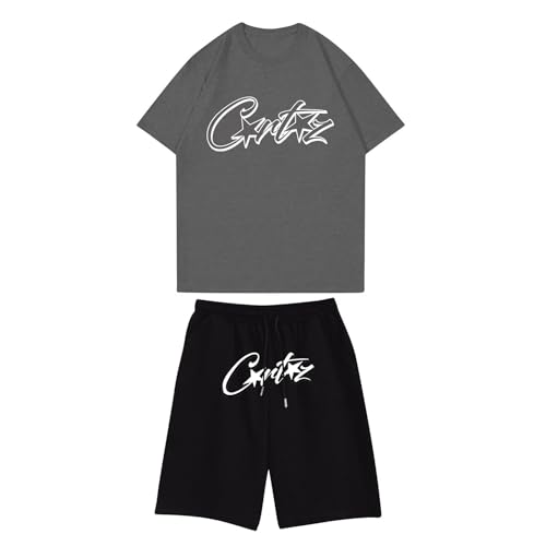 Generisch Corteiz Kurze Hose Set 2 Teiliges Bequeme Sommer Outfit Oversized Sport Kleidung Zweiteiler Trainingsanzug Jogginganzug Kurzarm Y2K Hip Hop Unisex Männer Loungewear von Generisch