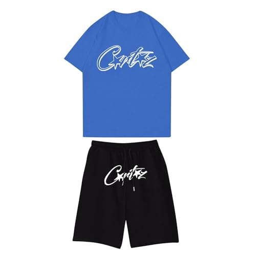 Generisch Corteiz Kurze Hose Set 2 Teiliges Bequeme Sommer Outfit Oversized Sport Kleidung Zweiteiler Trainingsanzug Jogginganzug Kurzarm Y2K Hip Hop Unisex Männer Loungewear von Generisch